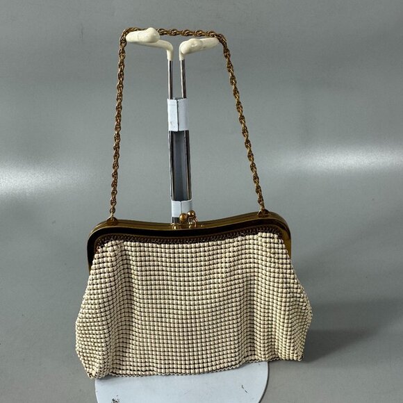 Vintage Whiting And Davis 1950s White Enamel Metal Mesh Small Purse Gold Frame - Picture 1 of 13
